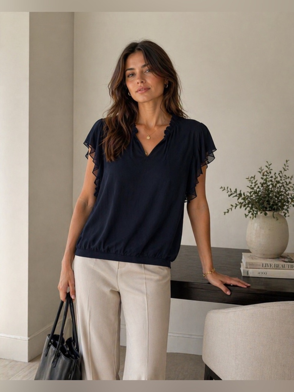 Yoka Midnight Navy Black Ruffle Flutter Sleeve V-Neck Blouse